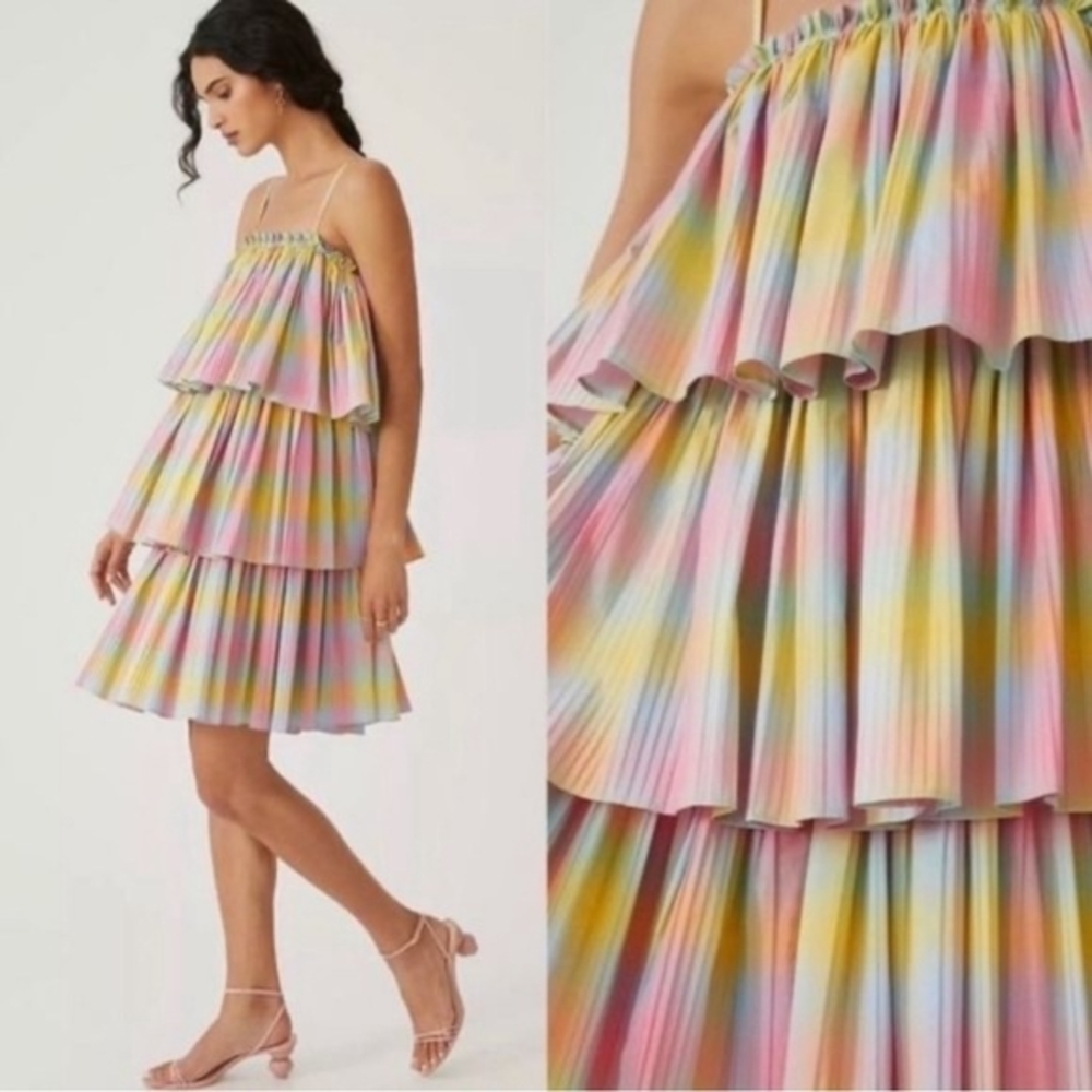 Anthropologie Beatrice B Square Neck tired Rainbow pleated dress Size S